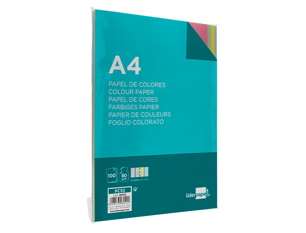 PAPEL COLOR LIDERPAPEL A4 80GR 4 COLORES SURTIDOS PAQUETE DE 100 HOJAS